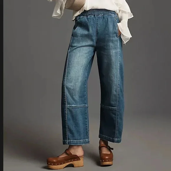 Anthropologie PILCRO The Izzie Relaxed Pull-On Barrel Denim Jeans Pants Size L P - Picture 1 of 11